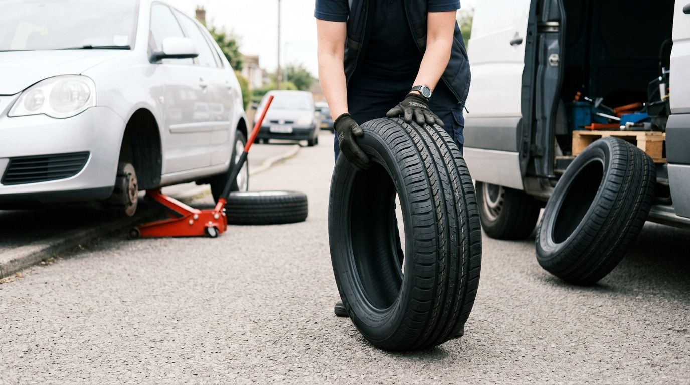 Servis aracından çıkarılan sıfır lastik krikoyla kaldırılmış araca taşınıyor