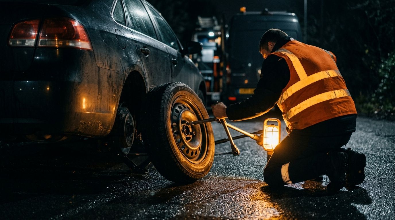 Teknisyen gece aracın lastiğini değiştiriyor