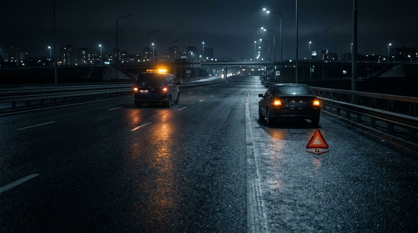 Gece otoyolda dörtlüsü yanan araç ve yaklaşan mobil servis aracı
