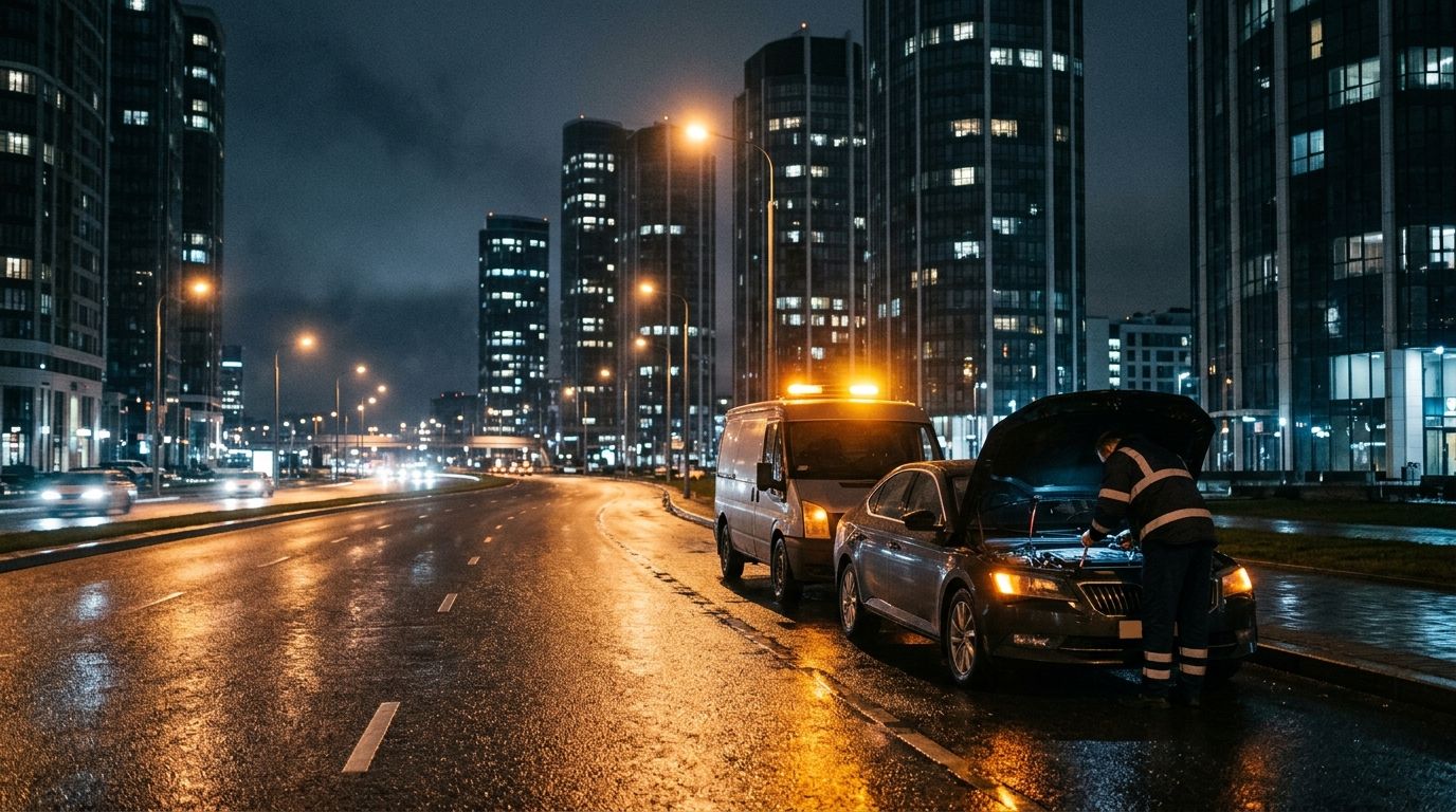 Gece Beylikdüzü'nde geniş bulvar ve ıslak asfalt