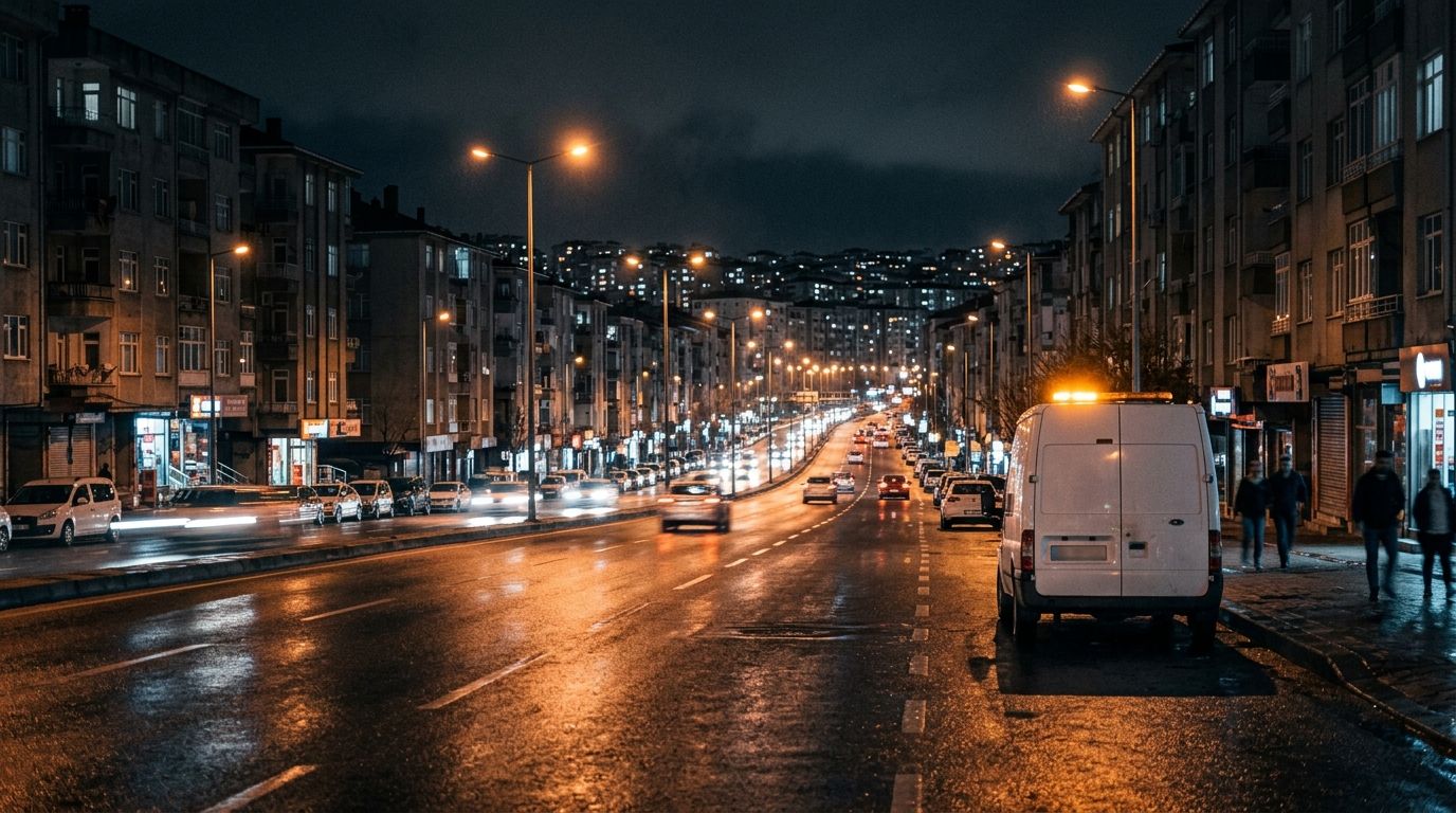 Gece Esenyurt'ta ıslak asfaltlı geniş cadde